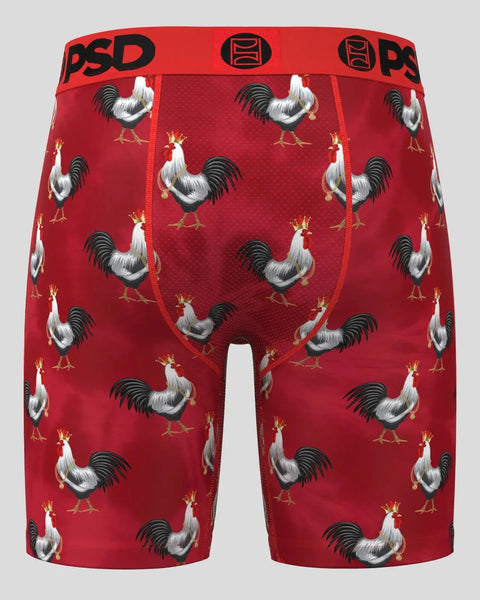 Red boxer briefs with all-over rooster and crown print, PSD waistband, red side seams.