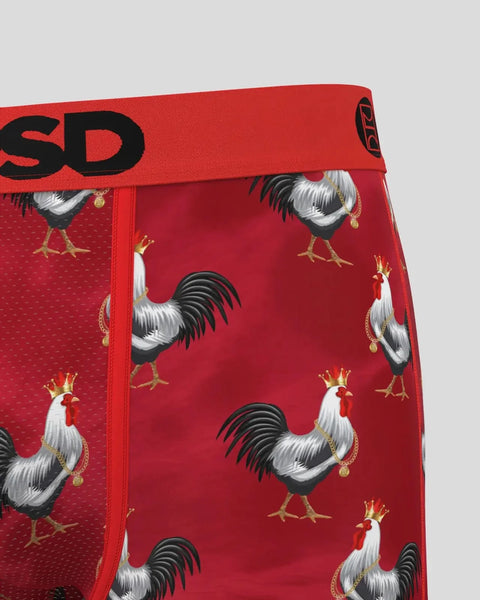 Red boxer briefs with black and white rooster print, gold crowns, and 