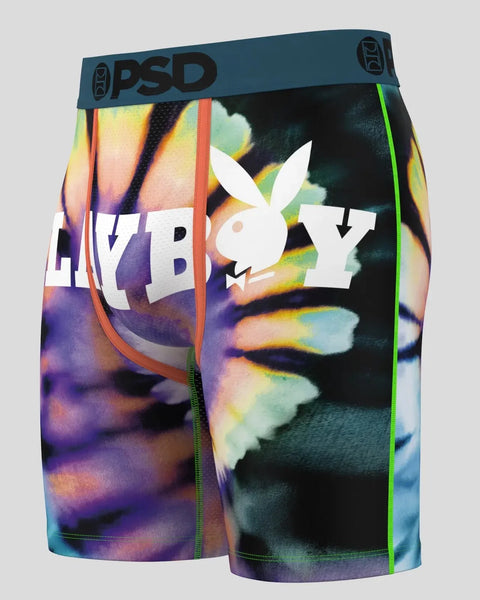 Three men's boxer briefs with colorful abstract gradient patterns and Playboy bunny logos on the front.