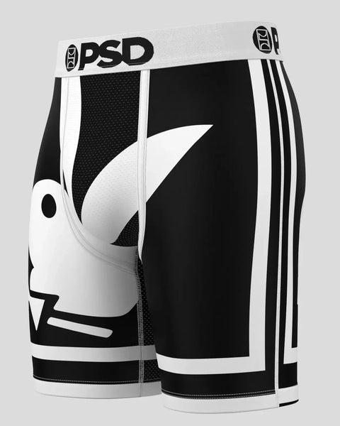 Three PSD boxer briefs with black and white colorblocking, mesh panels, and Playboy bunny logo graphics.