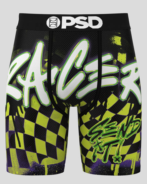 PSD boxer briefs with neon green and white graffiti-style text, checkered pattern, and splatter details on black mesh fabric.