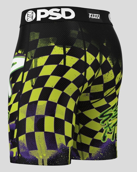 Black athletic shorts with neon yellow and purple checkered pattern and distressed details, PSD waistband visible.