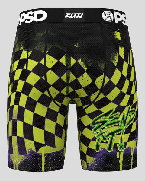 PSD boxer briefs with black and neon yellow checkered pattern, purple accents, and distressed graphic design.