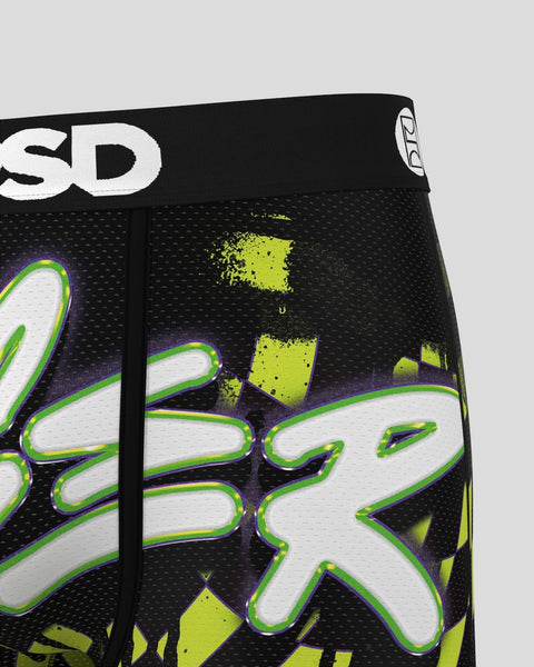 Black athletic briefs with neon green and white graphic design, mesh fabric, and 