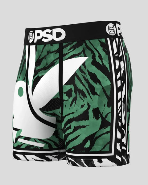 PSD boxer briefs with green and black tiger stripe pattern and white Playboy bunny logo on front.