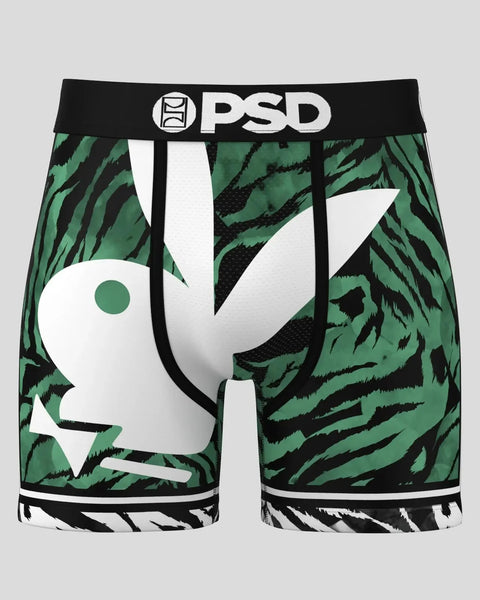 PSD boxer briefs with black waistband, white Playboy bunny logo, and green and black tiger stripe pattern.