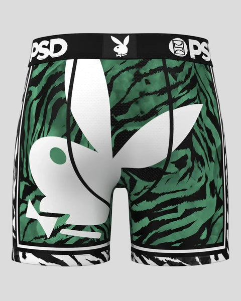 PSD Playboy boxer briefs with white bunny logo on green and black tiger stripe pattern.