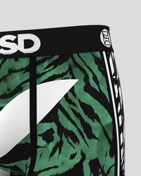 Playboy Safari boxer brief waistband with green and black animal print pattern and white logo detail.