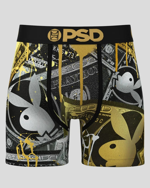 PSD brand boxer shorts with black and gold Playboy bunny print and currency imagery throughout.