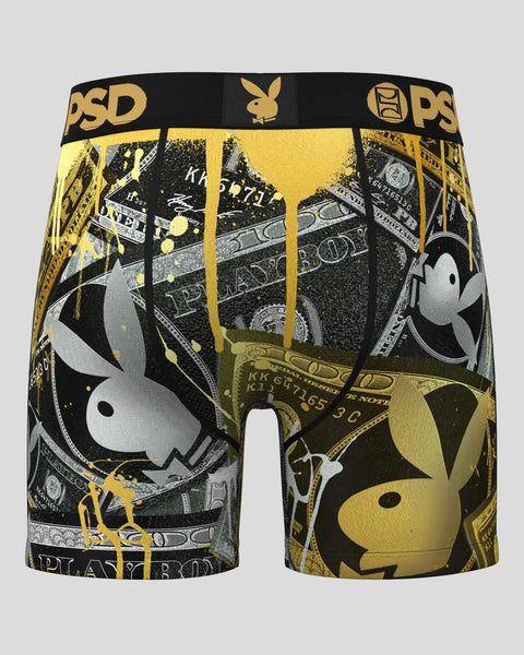 Black and yellow Playboy boxer briefs with bunny head logos, dollar bills, and 