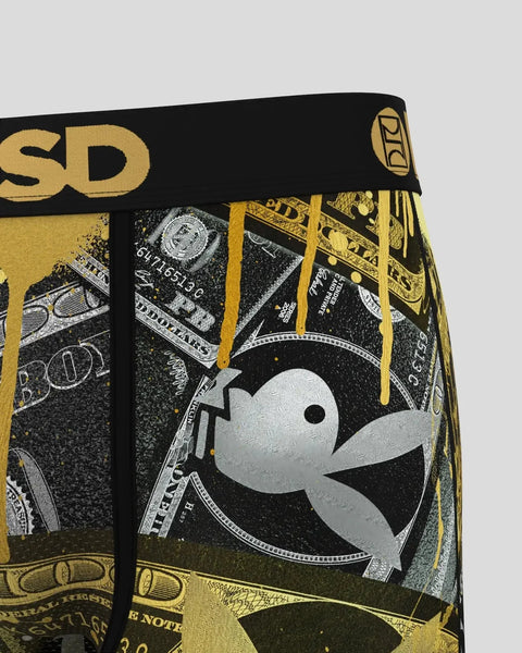 Black and gold boxer briefs with Playboy bunny logo and dollar bill graphics.