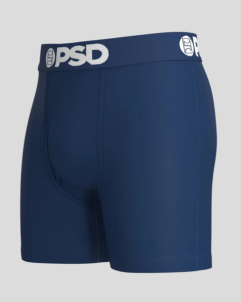 Navy blue boxer briefs with PSD branded waistband and visible seam stitching.