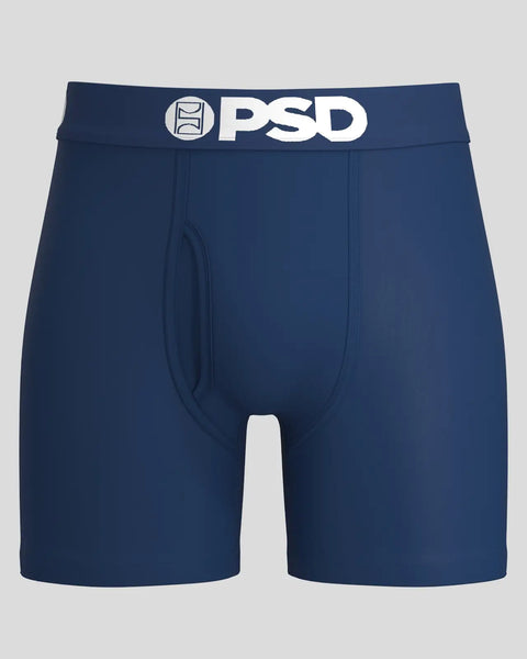 Navy blue boxer briefs with white PSD waistband logo and center seam detail.