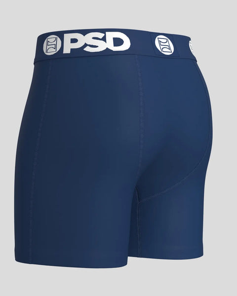 Navy blue PSD boxer shorts with white branded waistband and side seam stitching.