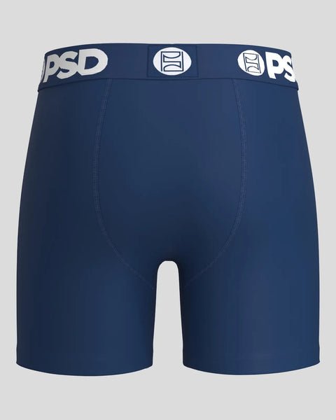 Navy blue boxer briefs with white PSD waistband and center front seam detail.