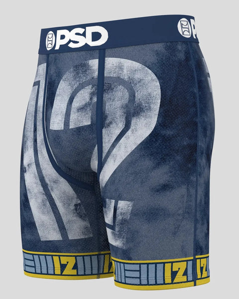 PSD brand athletic shorts in navy with large number 12 graphic, yellow and gray trim bands, and PSD waistband.