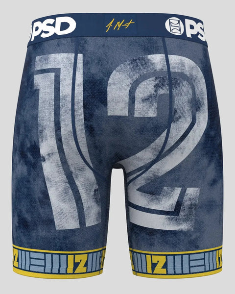 Navy blue PSD boxer briefs with large white number 12 graphic and yellow waistband trim.