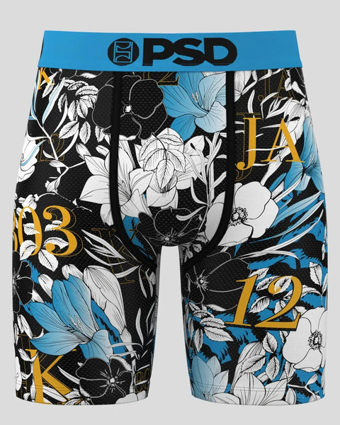 PSD boxer briefs with blue waistband featuring black and white floral pattern, blue flowers, and gold numbers on black backgr