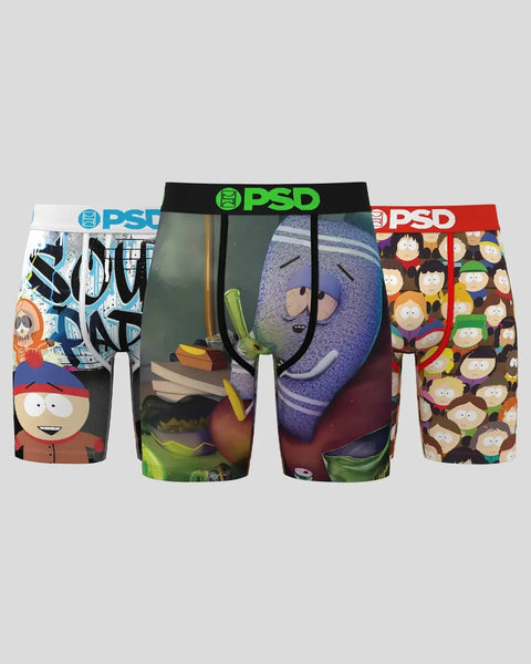 Three PSD boxer briefs featuring South Park character designs with blue, black, and red waistbands.