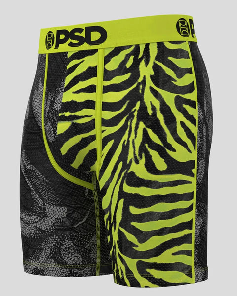 PSD men's boxer shorts with neon yellow and black zebra stripe pattern and textured mesh side panels.