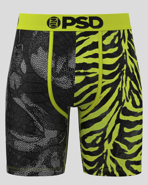 PSD boxer briefs with neon yellow and black jungle-inspired pattern, lime waistband with logo.