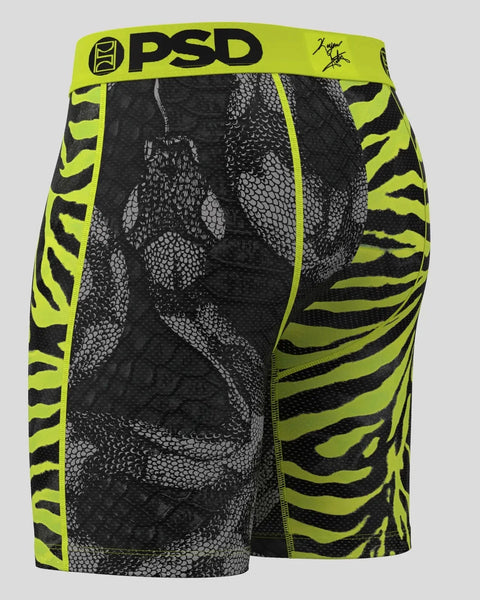 PSD boxer briefs with neon yellow waistband and side stripes featuring black and gray reptile scale pattern.