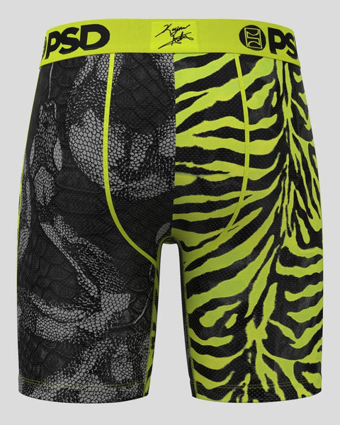 Black and neon yellow athletic shorts with mixed animal print patterns and lime green waistband.