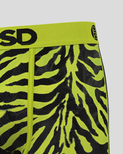 Neon yellow and black zebra stripe patterned athletic shorts with 