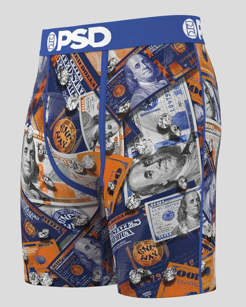 PSD boxer briefs with blue and orange currency print pattern and logo waistband.