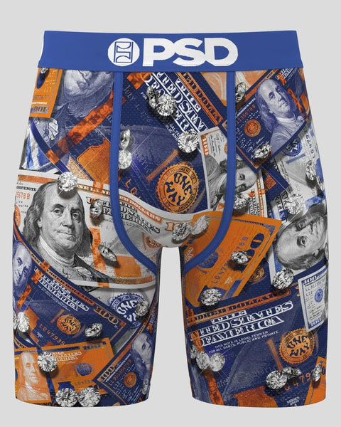 PSD boxer briefs with blue waistband featuring navy and orange currency-themed allover print with historical portraits and de