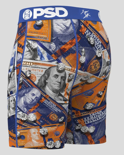 PSD boxer briefs with blue waistband featuring orange and navy dollar bill and diamond pattern throughout.