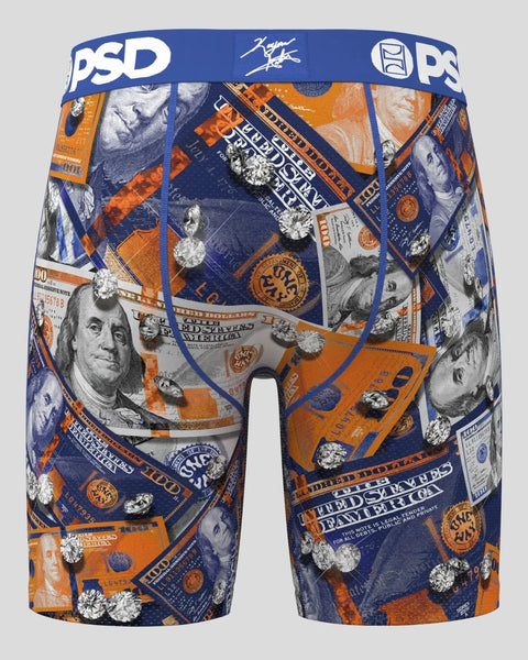 PSD boxer briefs with blue and orange money pattern print, white waistband with logo, and blue contrast stitching.