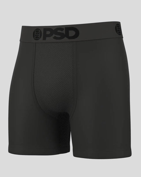 Gunmetal solid color boxer briefs with textured front panel and PSD waistband logo.