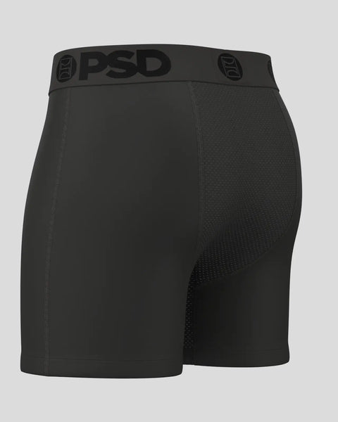 Gunmetal gray boxer briefs with PSD waistband, featuring mesh side panels and flat-lock seams.
