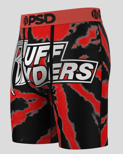 PSD boxer briefs with red and black camo pattern, white "Ruff Ryders" logo, and red waistband.