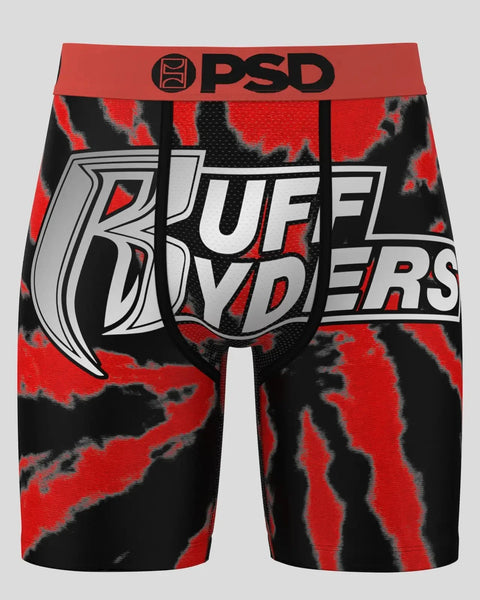 Red and black camo boxer shorts with PSD waistband and large "Ruff Ryders" graphic on front.