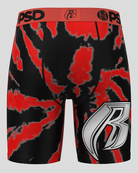 Red and black camo print boxer briefs with PSD waistband and chrome 