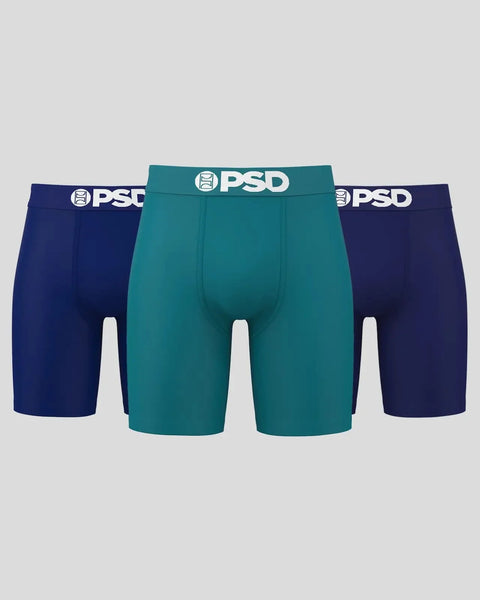 Three boxer briefs in dark navy and teal with white PSD waistbands.
