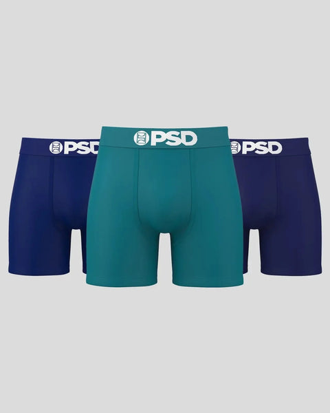 Three solid-colored boxer briefs in dark navy and teal with PSD waistbands.