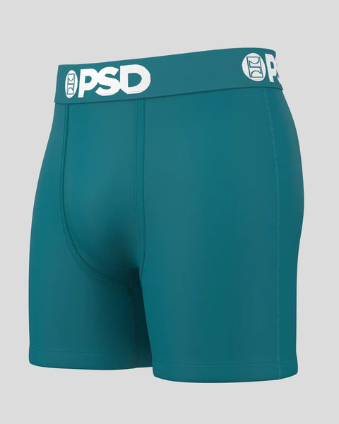 Teal boxer briefs with white PSD waistband and logo.