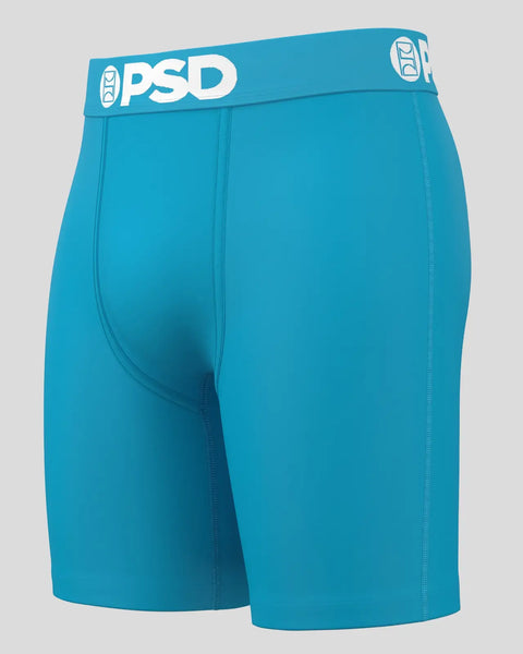 Turquoise boxer briefs with PSD waistband and center seam detail.