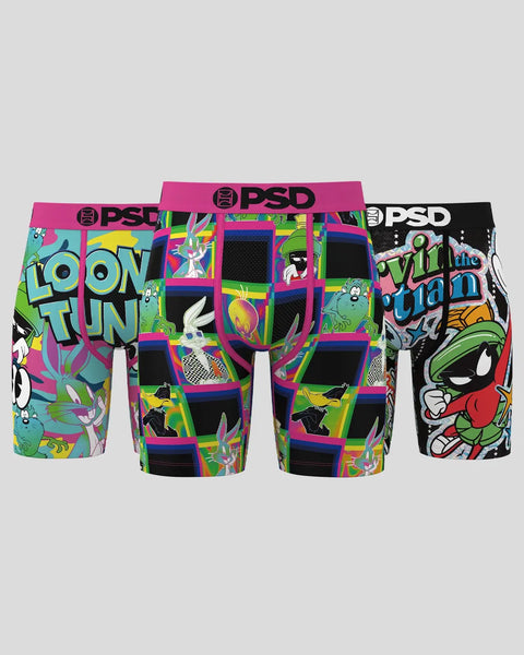 Three PSD boxer briefs with Looney Tunes neon designs in bright colors and cartoon characters.
