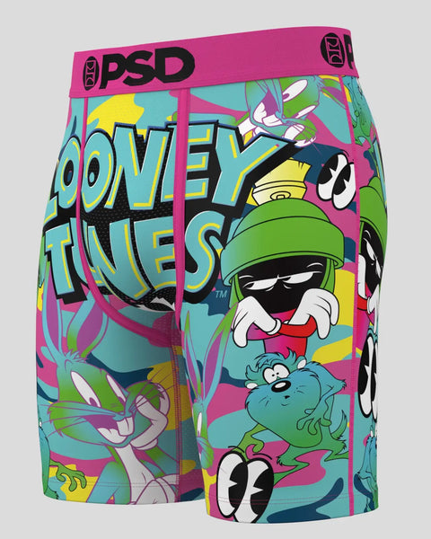 PSD brand boxer briefs with colorful Looney Tunes characters and neon graphic text on magenta waistband.