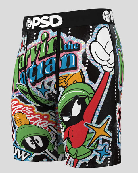 PSD boxers with Looney Tunes neon cartoon characters and colorful comic-style text on black background.