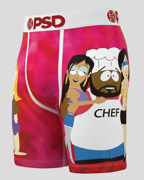 PSD boxer briefs featuring South Park Chef character and animated figures on bright pink and red fabric with white waistband.