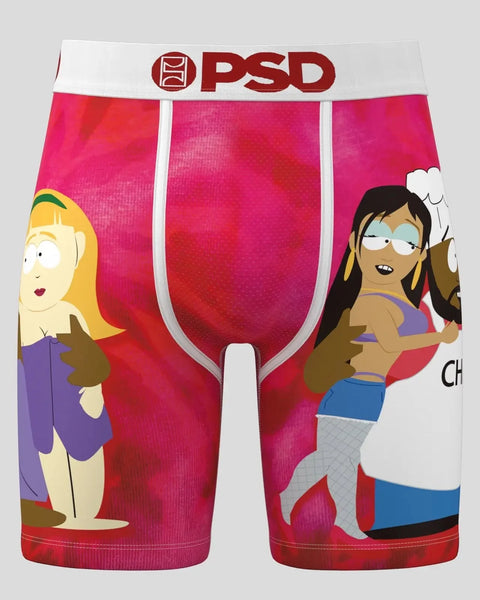PSD brand boxer briefs in red with South Park Chef character and female cartoon character graphics.
