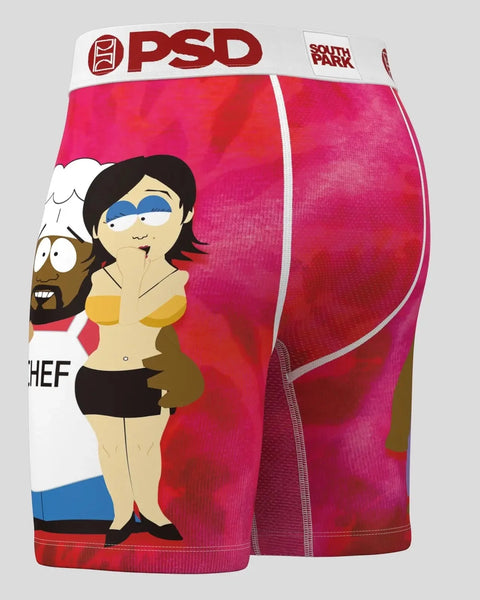 PSD boxer briefs with South Park Chef character graphic on front, pink and red ombré fabric, white waistband with logo.