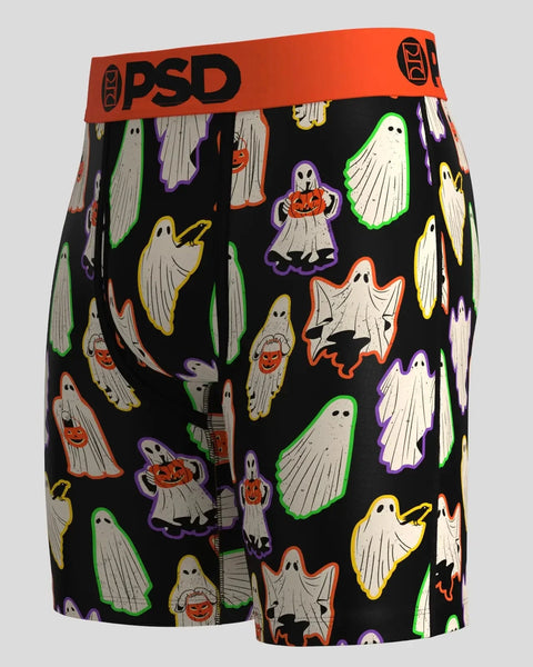 Black boxer briefs with colorful neon-outlined ghosts and jack-o'-lanterns, orange PSD waistband.
