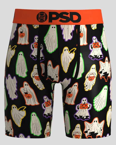 Black boxer briefs with colorful ghost and pumpkin allover print, orange PSD waistband.