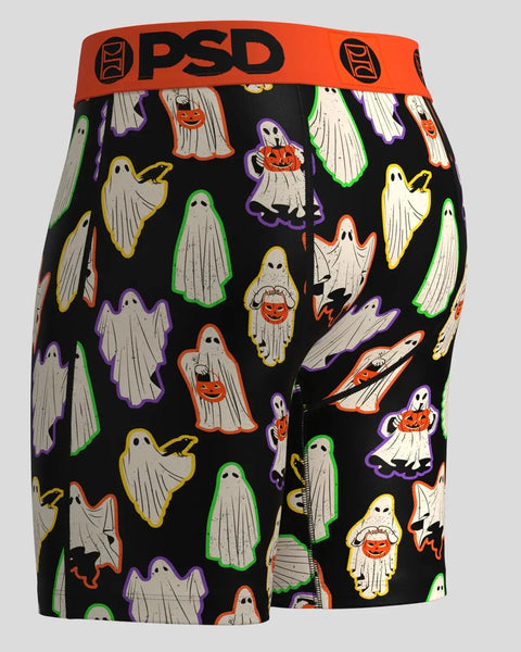Black boxer briefs with multicolored ghost and pumpkin print, orange PSD waistband.